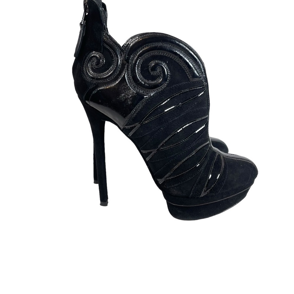 Brian Atwood Black Figara Whimsical Stiletto Boots Size 7.5 Suede Patent Leather